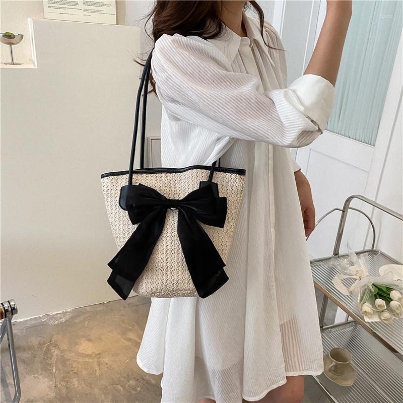 

Evening Bags 2022 Women Straw Handbags Fashion Holiday Totes Lovely Bow Shoulder Beach 3 Colors Drop, Black