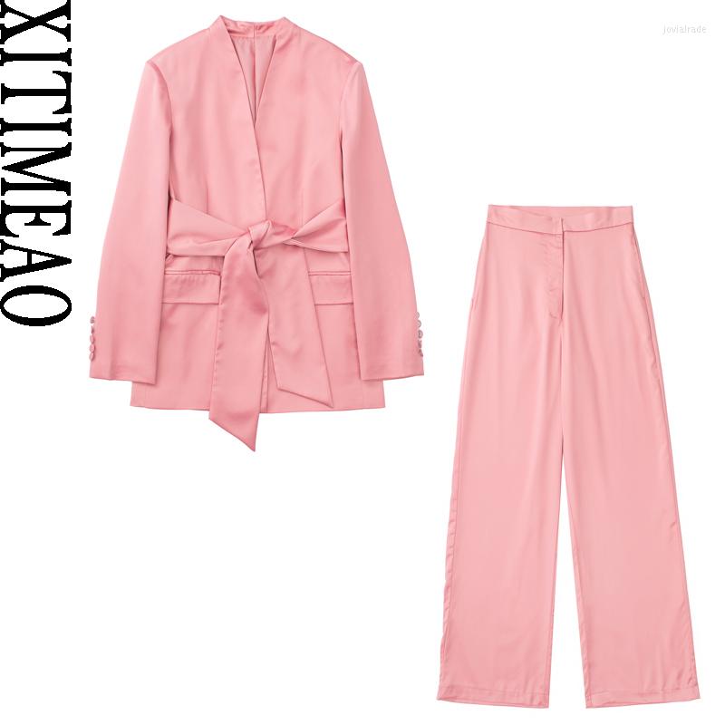 

Women's Suits Women Fashion With Belt Lapelless Satin Blazer Coat Vintage Long Sleeve Button-up Female Outerwear And Wide Leg Trousers, Pink pants