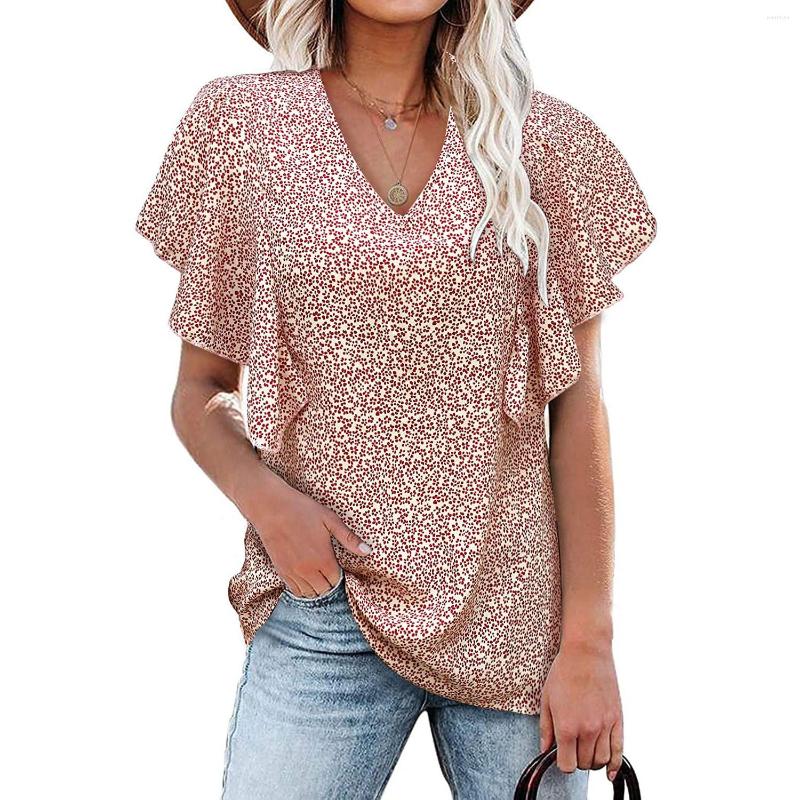 

Women' T Shirts Summer Women Printed V-neck Floral Short-sleeved Tops Plus Sizes Tees Femme Ruffles Sexy Boho Shirt, Black
