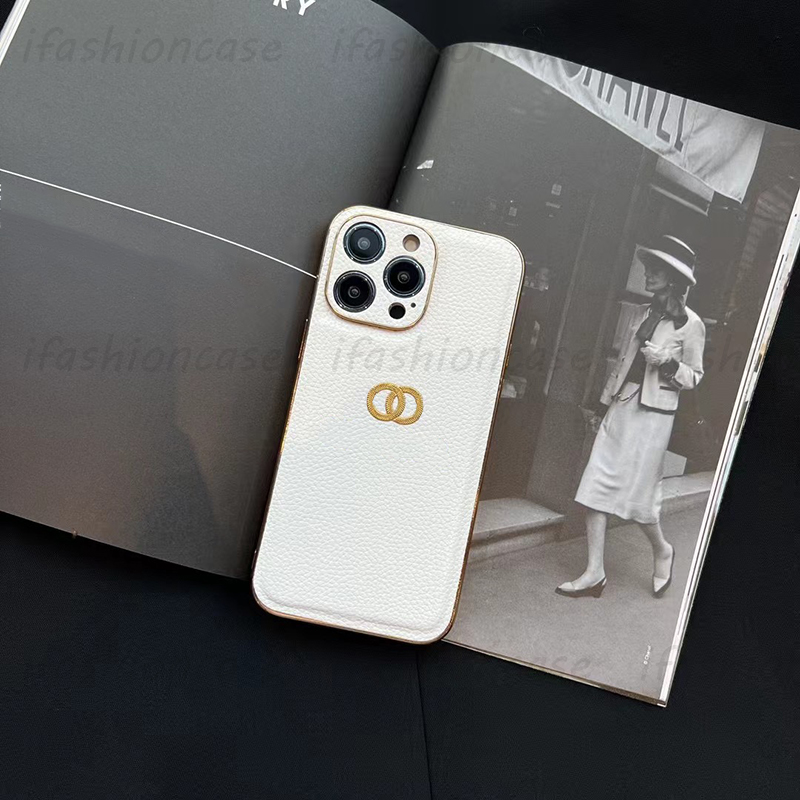 

Fashion Lichee Pattern Leather C Case Designer Phone Cases Luxury Gold Letters Phonecase Cover Shell For IPhone 14 Pro Max Plus 13 12 11 Top, White