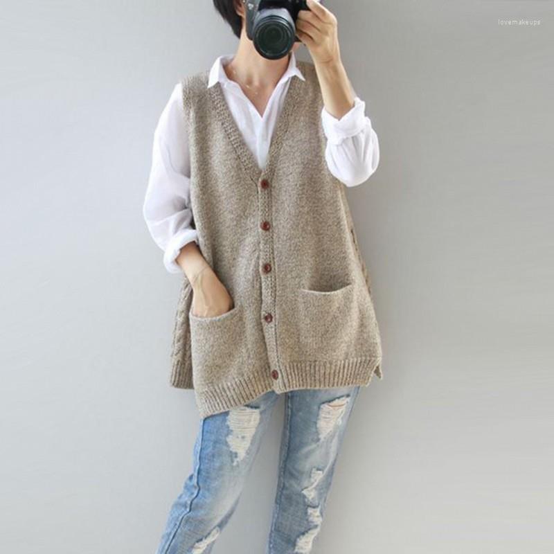 

Women's Vests 2022 Autumn Vintage V Neck Sleeveless Pocket Cardigan Sweater Single Breasted Knitted Sweaters Vest For Women Y663, Kaqi