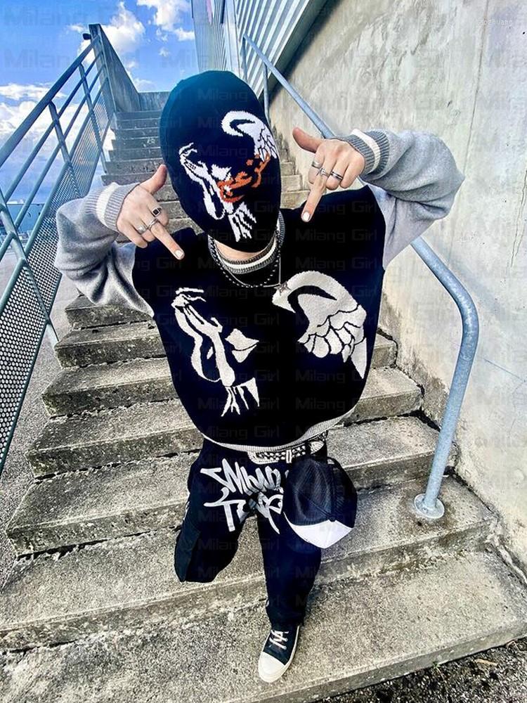 

Men' Vests Y2K Men' Vintage O-neck Knitwear Wing Printing Pullover Winter Harajuku Oversized Sweater Unisex Aesthetic Clothes For, Black