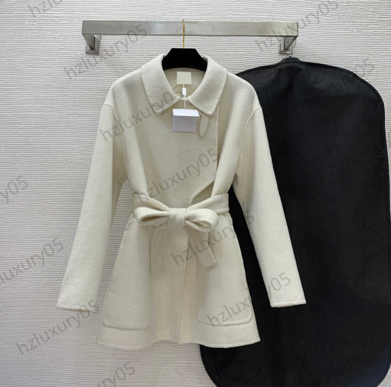 

Womens Coat Wool Blends Double-sided Woolen Fabric Leather Buckle Open Lapel Trench Coats Belt Waist Folding Design Slimming Warm Outerwear Women Clothes 1970