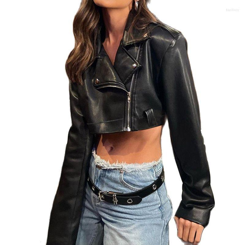 

Women' Leather Women' Lapels Solid Zippered Jackets For Women Ultra-short Streetbiker-inspired Jacket, Black