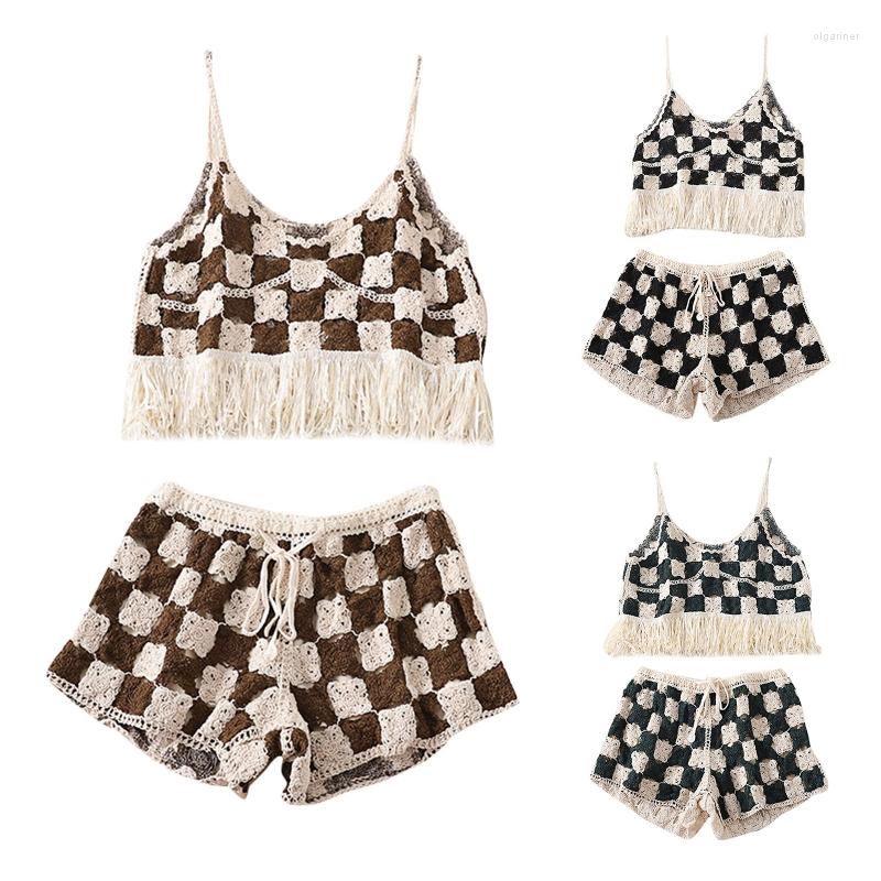 

Women's Tracksuits 449B Elegant Crochet Tops Two Piece Set Vintage Summer Camisole Knit Tank Shorts Korean Streetwear For Young Girl Lady, Cf