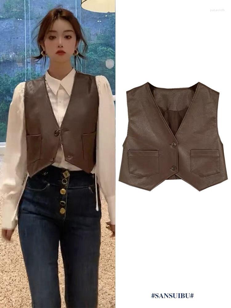 

Women' Vests England Style Vintage Waistcoat Women' Spring And Autumn Thin Slim Sleeveless Top Lady Irregular Leather Vest, Auburn