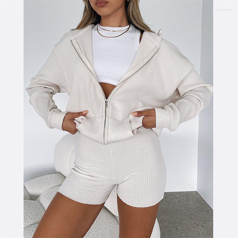 

Women's Tracksuits Autumn Spring Clothes Set Female Solid Zip Up Hoodies Tops Shorts Women Long Sleeve Casual Fashion Loungewear S M, White