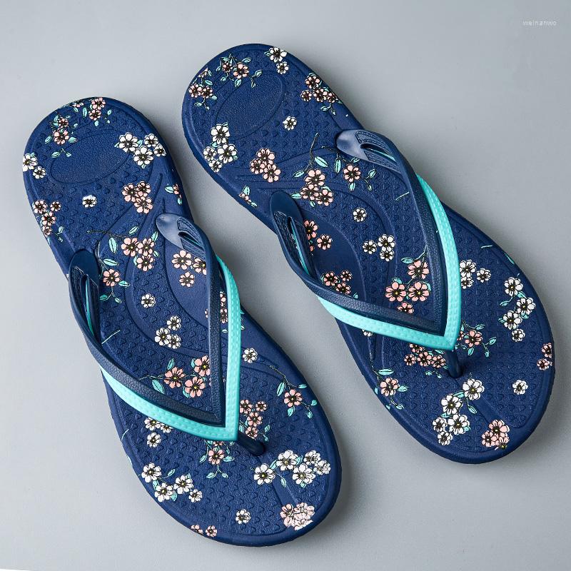 

Slippers Summer Women Fashion Outdoor Beach Slipper With Print Lady Comfortable Flip Flop Woman Flat Floor Slides Non-slip Shoes, Blue