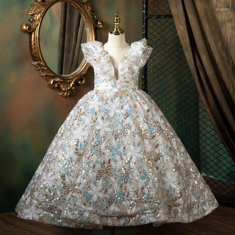 

Girl Dresses Flower Illusion Sequined V-Neck Short Princess Floor-Length Tulle Lace Luxury White Elegant Kids Party Gown H614