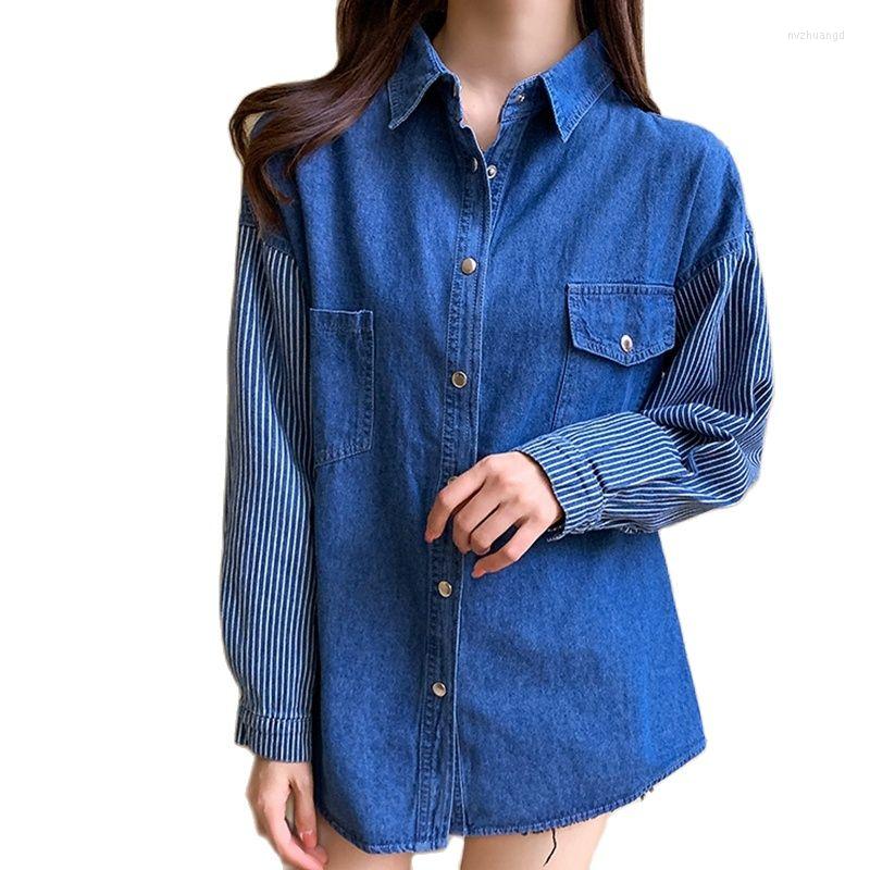 

Women' Blouses Spring Autumn Women Patchwork Stripe Full-Sleeves Pocket Female Blouse Loose Large Size Long Denim Shirt Casual Tops, Light blue