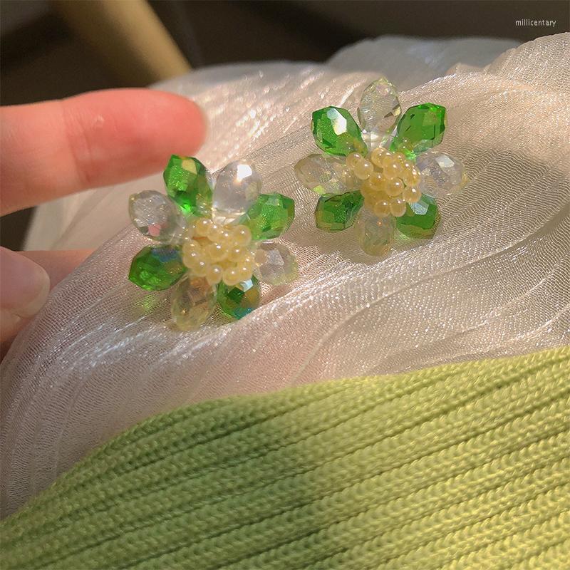 

Backs Earrings Fashion Simple Crystal Flower Clip Forest Series Super Fairy Green Petal Ear Clips No Piercing