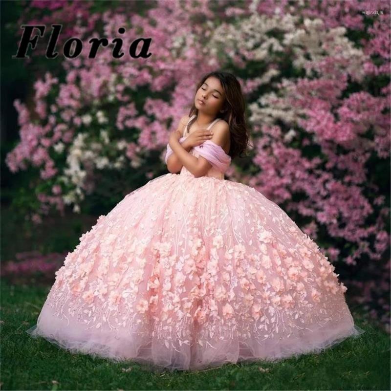 

Girl Dresses Handmade Princess Flower 3D Ball Gown Kids Evening Dress 2022 Robes Arabic Holy Communion For Girls, White