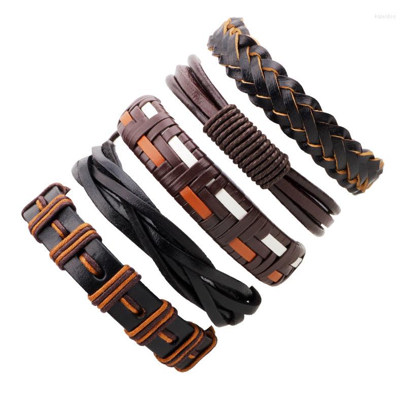 

Charm Bracelets 5pcs/set Hippie Punk Black Brown Orange Braiding Leather Band Cord Wrap Multi Layers Bangles Set For Man