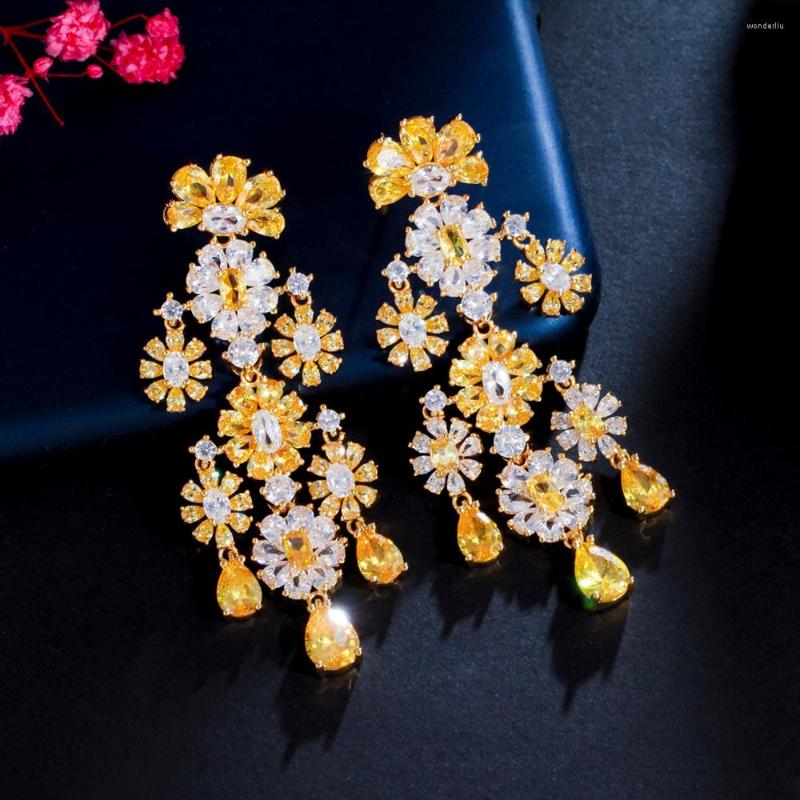 

Dangle Earrings ThreeGraces Elegant Chandelier Shape Yellow CZ Stone Long Dangling Flower Bridal Wedding Drop For Women Jewelry ER726