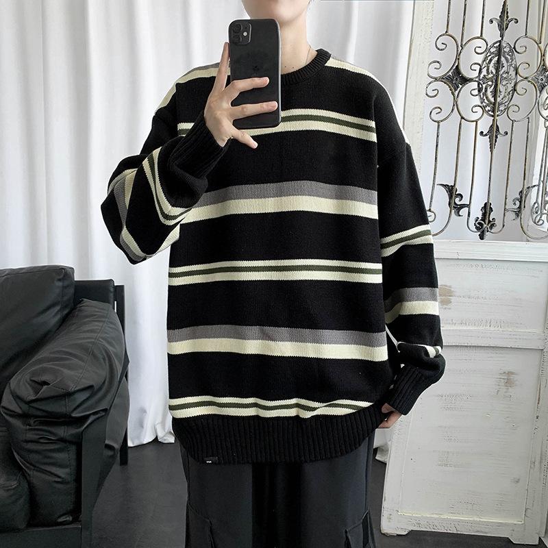 

Men's Sweaters Striped Men Crew Neck Korean Fashion Knitted Sweater Wool Cashmere Autumn Winter Streetwear Oversized Jumper, White