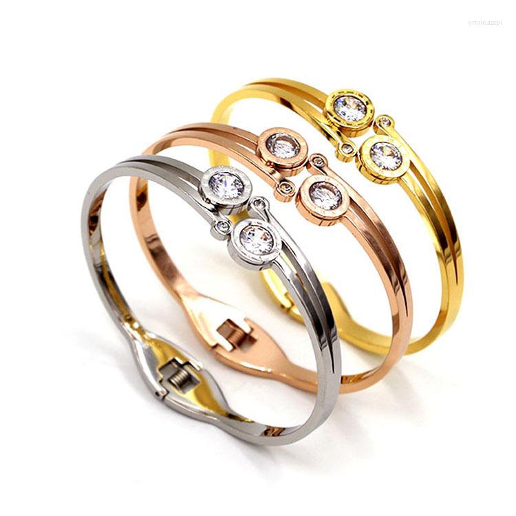 

Bangle Fashion Double Round Zircon Stainless Steel Better Rose Gold Color Roman Numerals Bracelet Women Gift