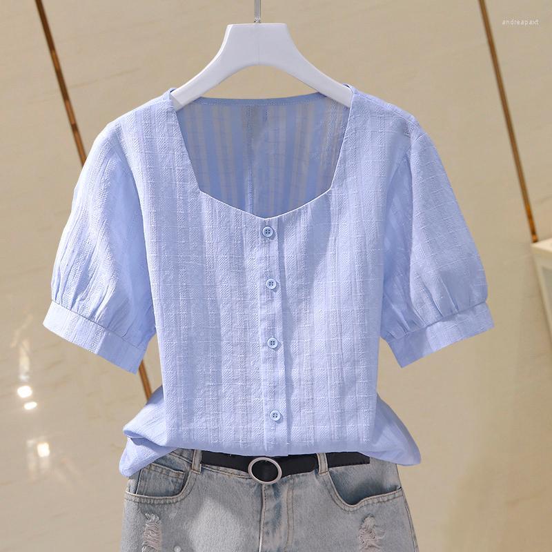

Women' Blouses Cotton Blue Women Shirts Summer Design 2022 Square Collar Solid Elegant Straight Office Lady Outwear Tops, White
