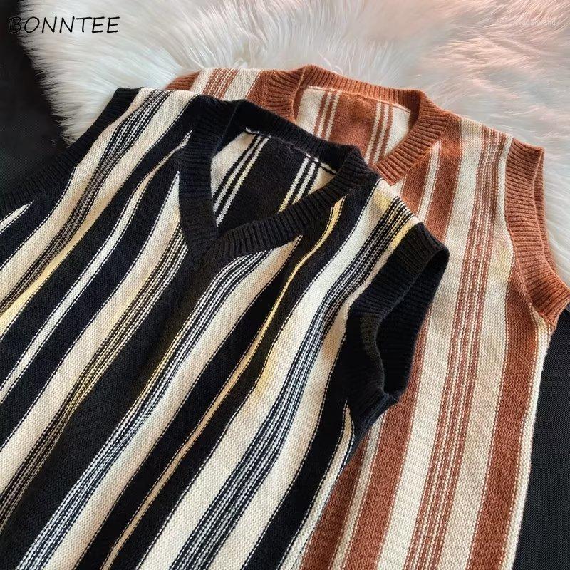 

Men's Vests Sweater Vest Men Fashion Striped Autumn Trendy Vintage High Street V-neck Simple Sleeveless Knitwear All-match Clothing Casual, Black