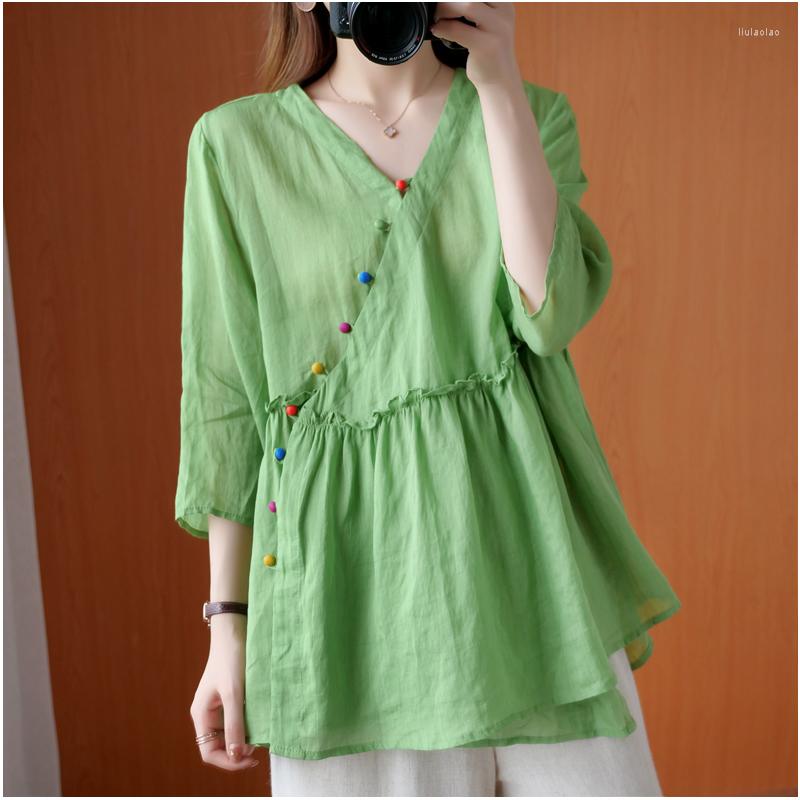 

Women's Blouses Oversized Loose Cotton Linen Women Shirts 2022 Summer V-Neck Short-Sleeved Casual All Match Female Pulls Outwear Tops, Yellow