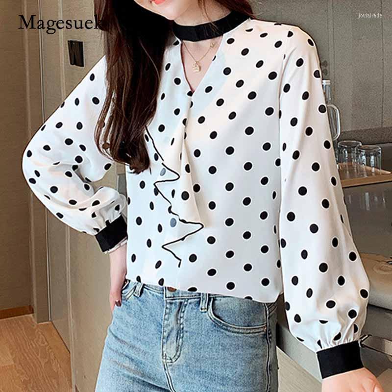 

Women' Blouses Autumn 2022 Fashion Hollow Ruffles Women' Blouse Long Sleeve Women Tops Polka Dot Print Chiffon Shirts Blusas Mujer, White