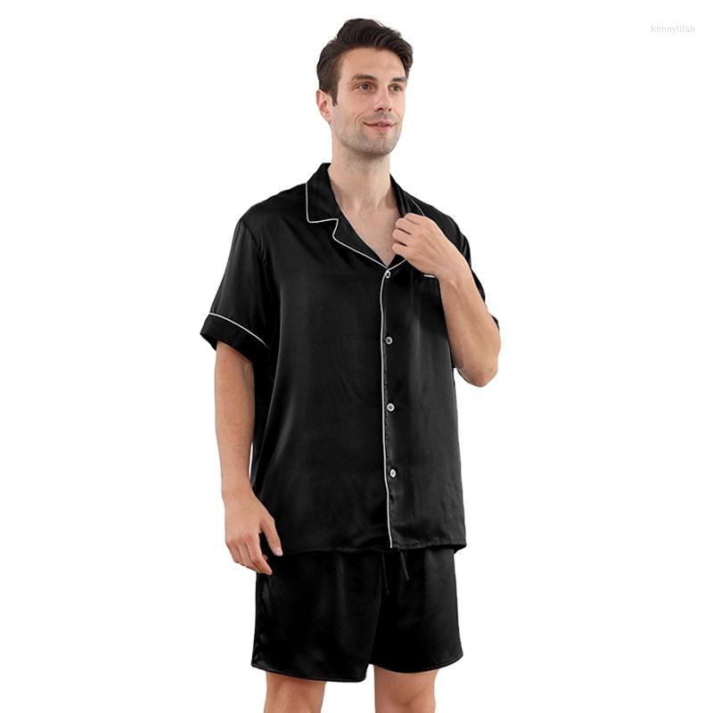 

Men' Sleepwear Summer Thin Short Turn-down Collar Custom Real Silk Skin-Friendly Men Pajamas