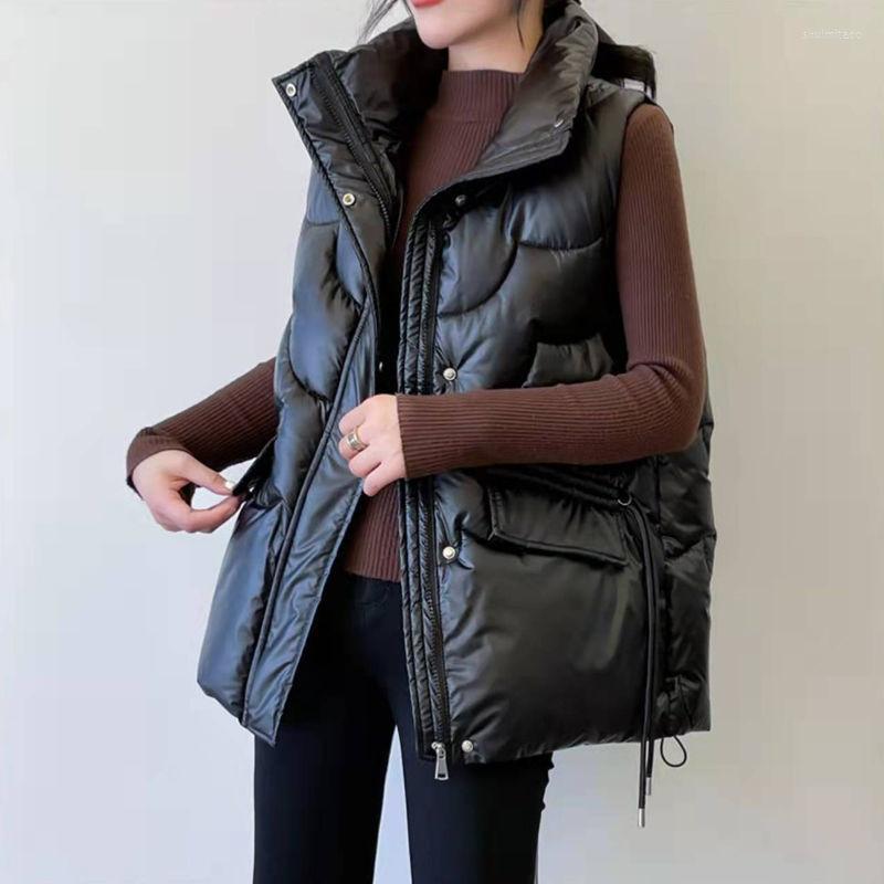 

Women's Vests 2022 Autumn Winter Women Solid Loose Vest Drawstring Stand Collar Long Jacket Cotton Padded Warm Waistcoat L109, Pink