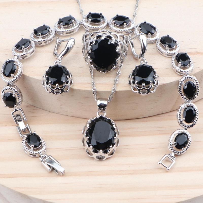 

Necklace Earrings Set Women Bridal Zirconia Silver 925 Wedding Costume Jewelry Black Stone Bracelet Rings Pendants, Picture shown