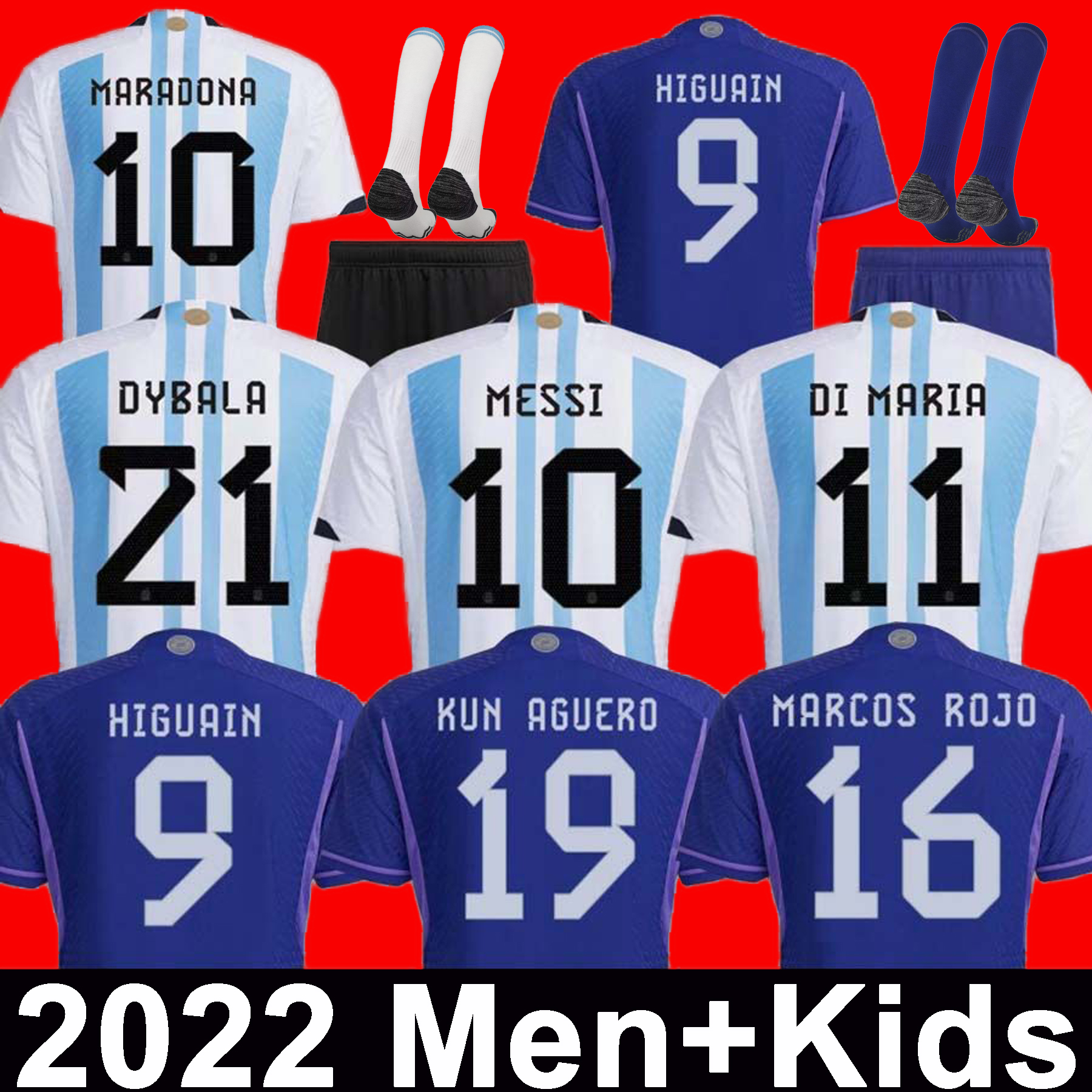 

Argentina soccer Jersey Fans player version 2022 DYBALA MARTINEZ Maradona de paul football shirt 22 23 Men women Kids sets uniform with socks di maria, 2022 home aldult player