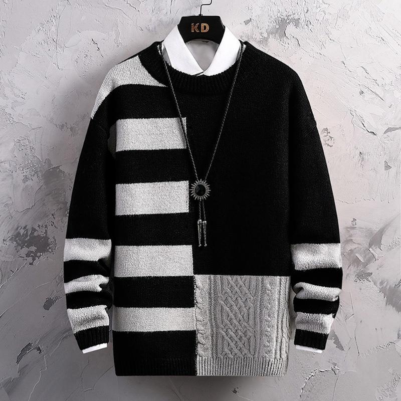 

Men's Sweaters Harajuku Men Patchwork Streetwear Japan Style Casual Knitted Sweater Pullovers Jumper Color Block Shirts Woolen, Black