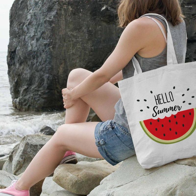 

Evening Bags Women Hello Summer Watermelon Print Cotton Canvas Shopper Bag Girl Harajuku 90s Y2K Classic Vintage Shoulder Handbag Female, B307f