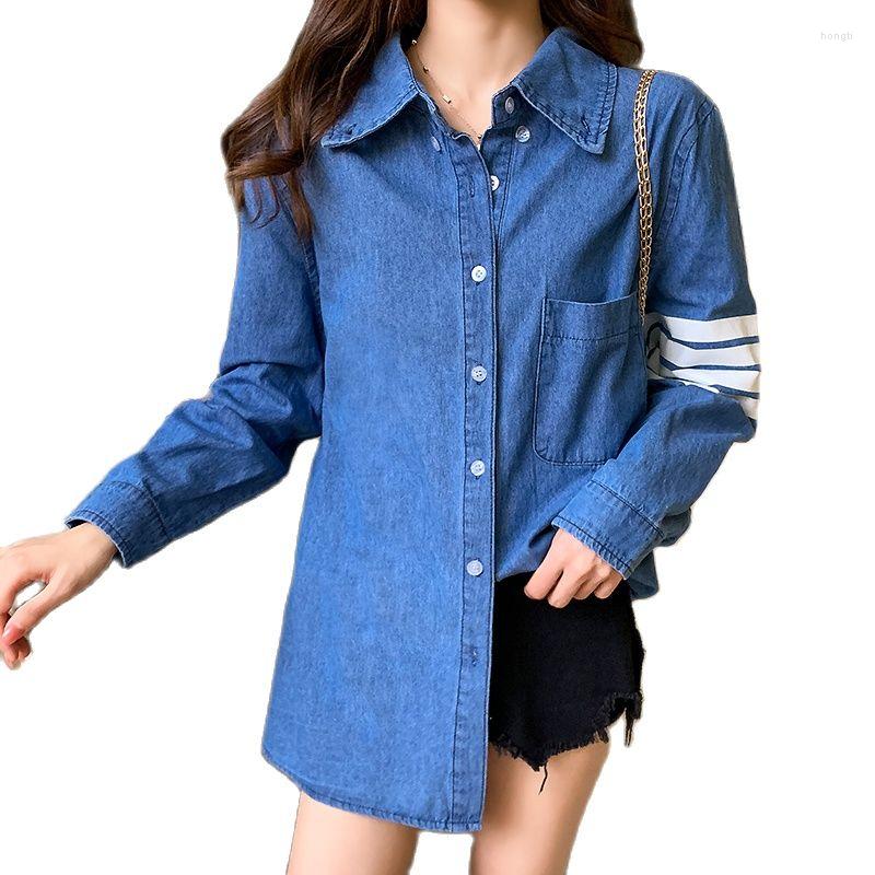 

Women' Blouses Spring Autumn Women Stripe Full-Sleeves Turn-down Collar Pocket Female Blouse Loose Long Denim Shirt Casual Tops, Picture shown