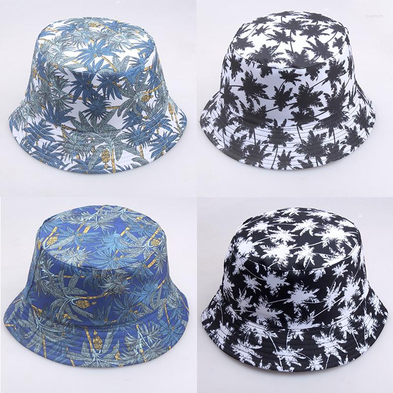 

Wide Brim Hats 2022 Summer Bucket Unisex Hip Hop Fashion Black White Panama Hat Coconut Tree Printed Fisherman Caps For Men Women