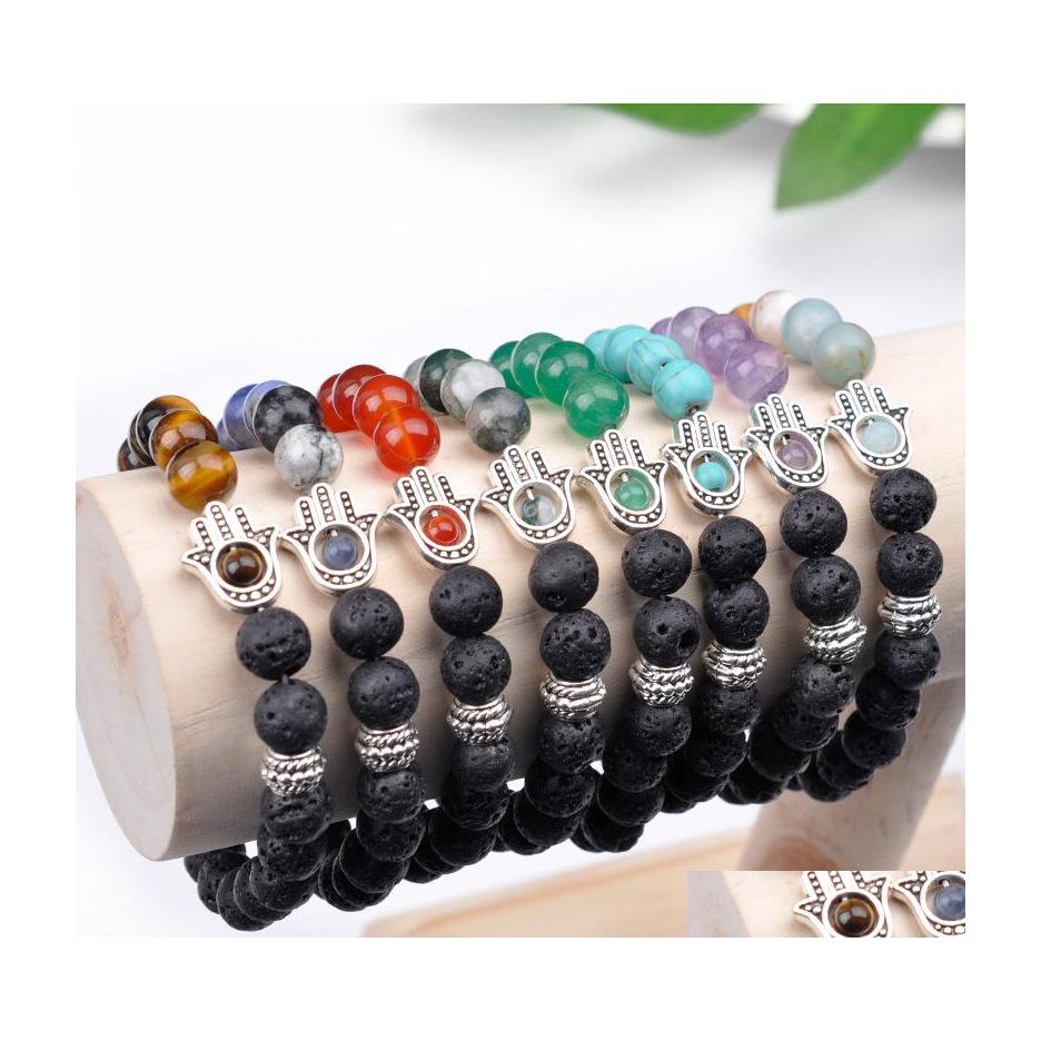 

Beaded Men Bead Bracelets Lava Howlite Stone Stretch Hand Of Fatima Hamsa Charm Bracelet Mala Evil Eye Drop Delivery Jewelry Dhrkw