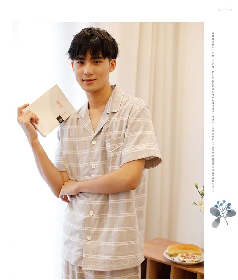 

Men's Sleepwear Spring Summer And Autumn Cotton Gauze Breathable Pajamas Men's Short-sleeved Japanese Cardigan Home Service Suit, Blue
