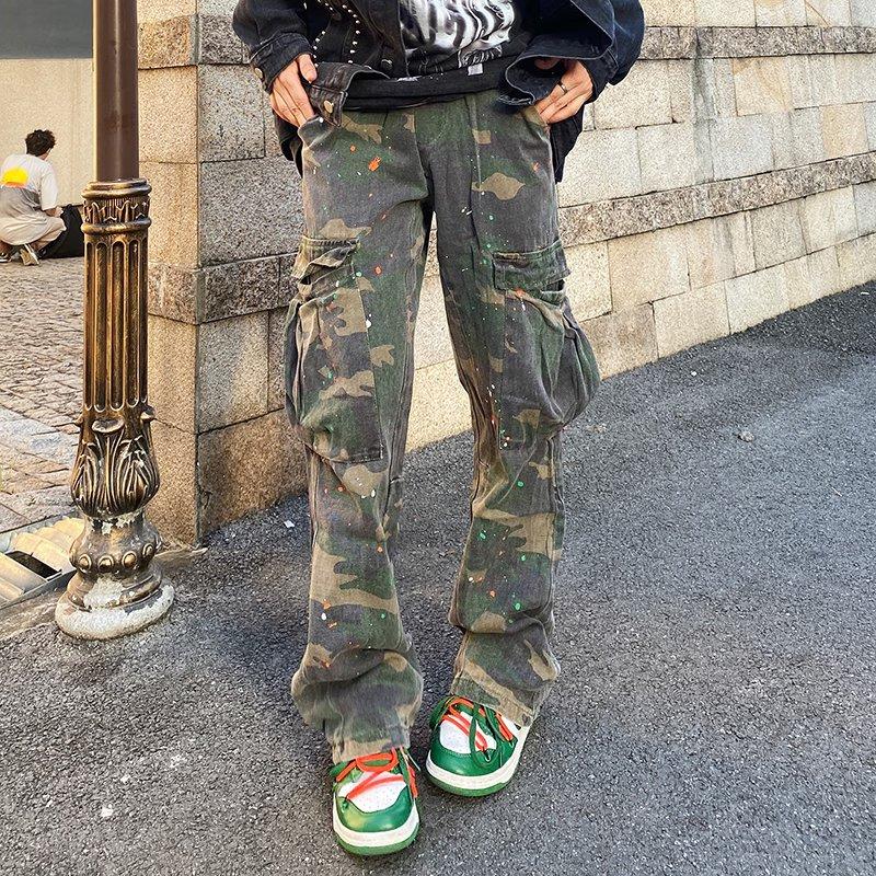

Men' Jeans Wide Leg Cargo Pants For Men Fashion Camouflage Side Pockets Sports Joggers Women Retro Casual Loose Flared Trousers