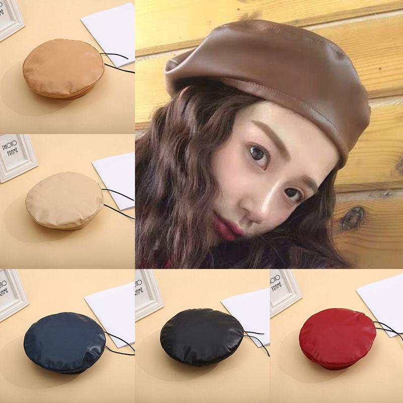 

Berets Fashion Beret Women Solid Cap PU Leather French Artist Warm Beanie Hat Female Ladies Soft All-Match Adjustable Hats, Black
