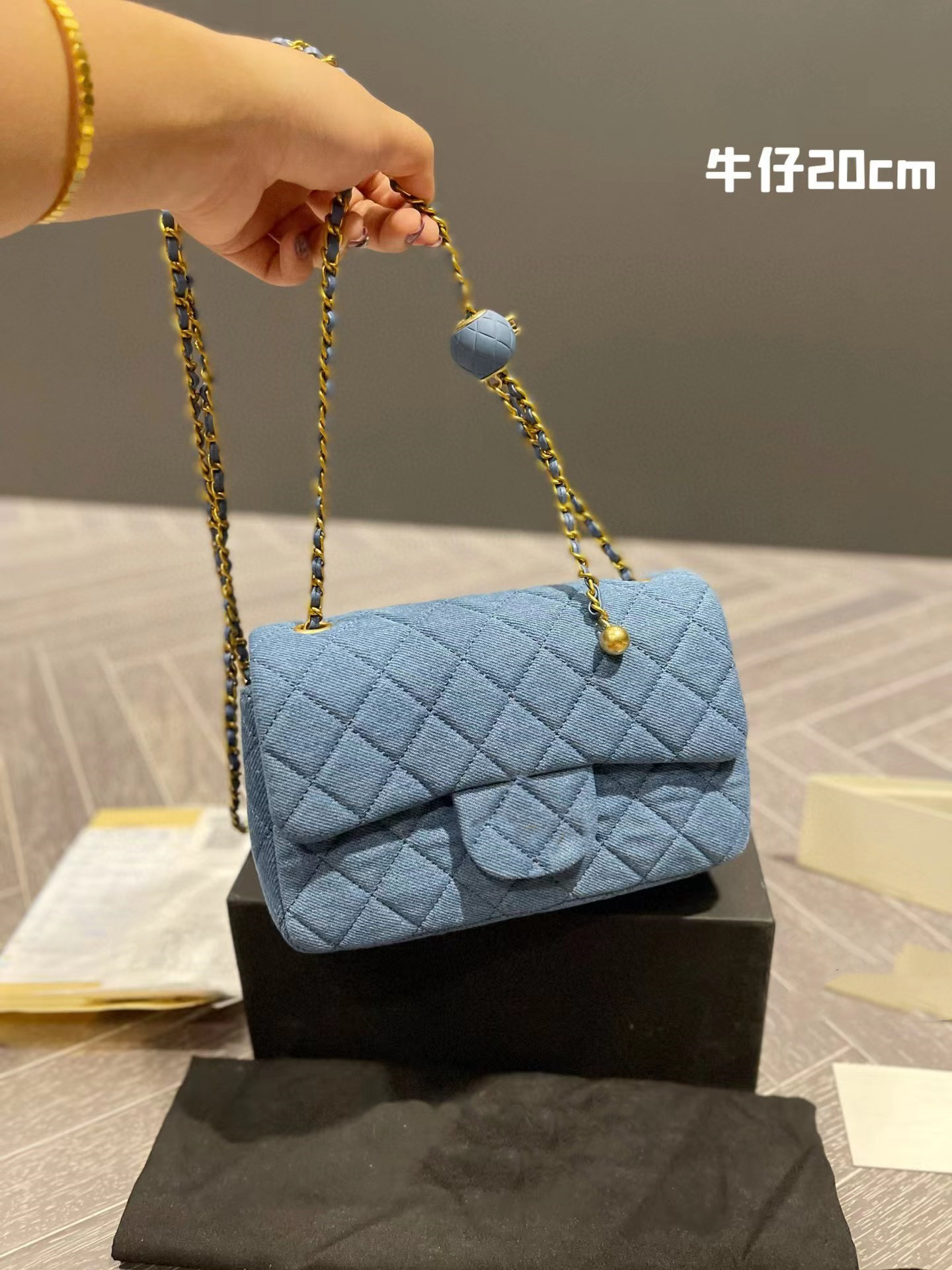 

20CM Golden Ball Denim Messenger Bag Chain Women's Bag with box, Blue