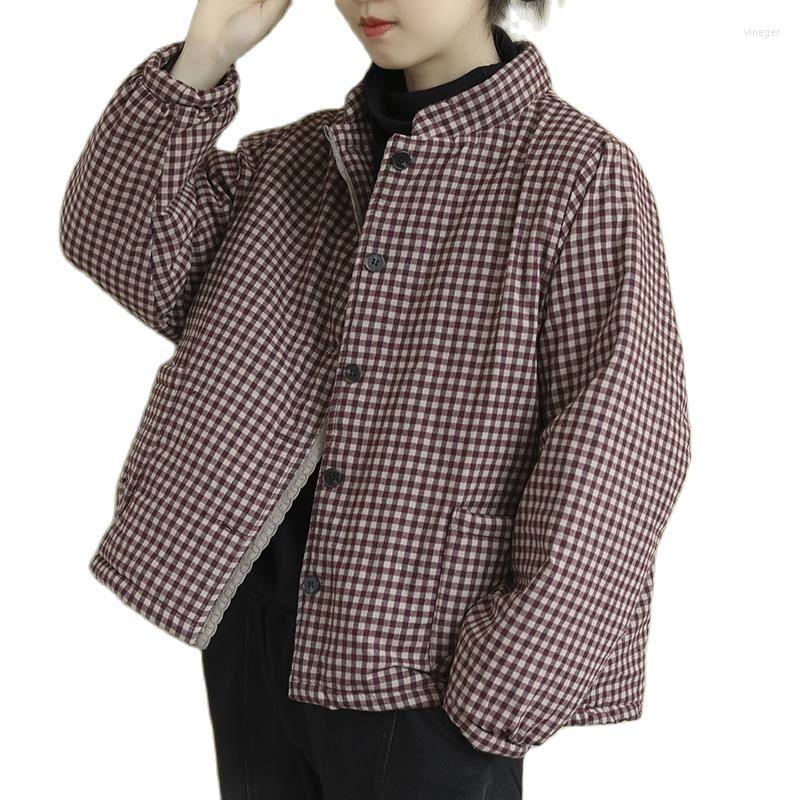 

Women's Trench Coats 2022 Parkas Cotton Coat Female Winter Jackets Retro Linen Quilted Warm Jacket Spring Autumn Plaid Short Overcoat, Black grid
