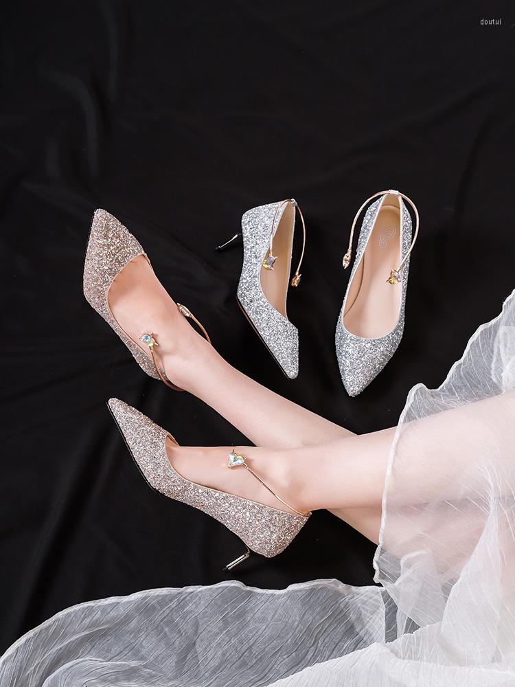 

Dress Shoes Rhinestones Wedding Small Fresh High Heels Girls Thin, 7.5cm