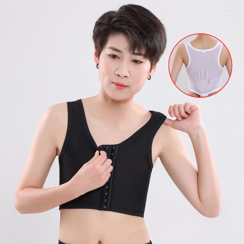 

Women' Shapers Flat Chest Binder Lesbian Tomboy Front Buckle Ice Silk Mesh Back Breathable Corset Vest Women Les Bustier Tops Shapewear, Black