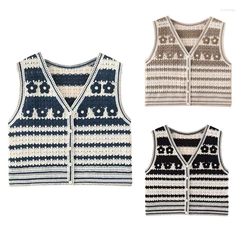 

Women's Vests Ladies Knitted Vest Crop Tops Fashion Embroidery Tank Chic Button-down Sleeveless Sweater For Students Women, Black