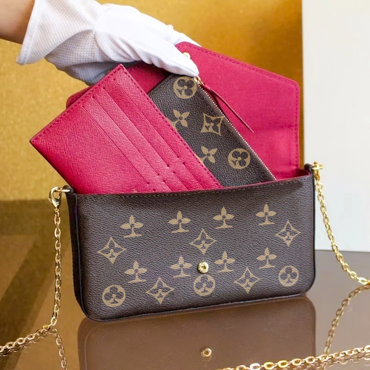 

Fashion famous Designer 3 piece set POCHETTE FeLICIE removable chain M61276 with box brand vintage women shoulder classic flap pochette Tote clutch handbag bags, Damier azur pink