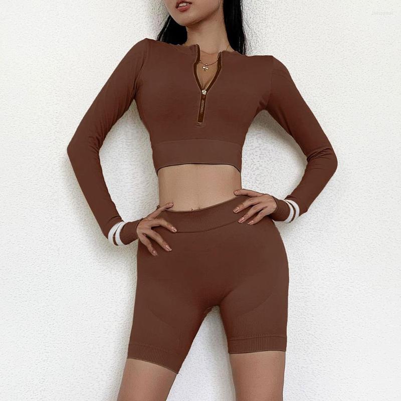 

Active Sets Gym Fitness Clothing Long Sleeve Yoga Suit Women Sportswear Workout Running Sport Leggings Top Seamless Set Training Wear, Khaki