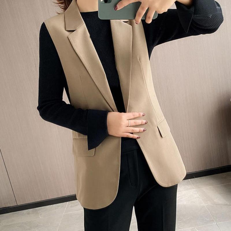 

Women's Vests Stylish Suit Vest Flap Pockets Dressing Up Anti-pilling Autumn Pure Color Notched Collar Coat Blazer, Black