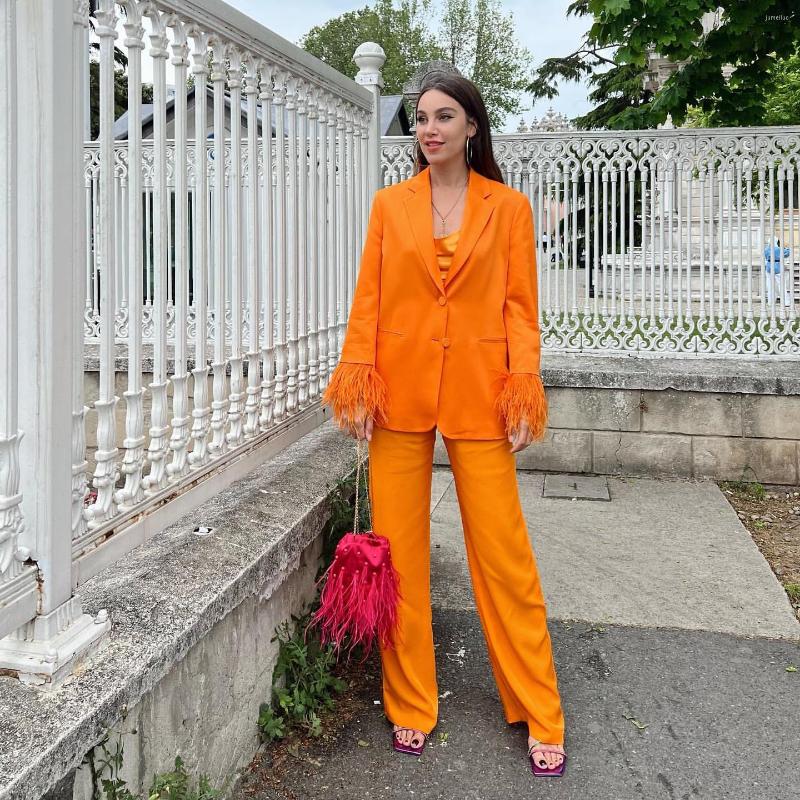 

Women's Suits Woman Elegant Orange Fur Patchwork Blazer 2022 Spring Chic Female Solid Button Blazers Ladies High Street Straight, Pants