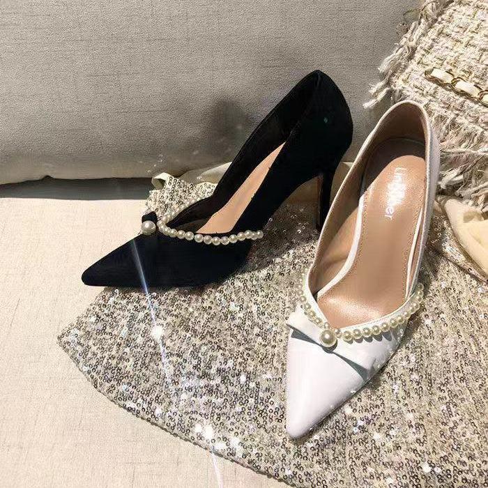 

Dress Shoes Beaded Wedding Pearl Women 2022 Black Pumps High Heels Size 4 34 Scarpin Bow Bride Bridal Suede White Chic Pointed Toe, Black suede 9cm