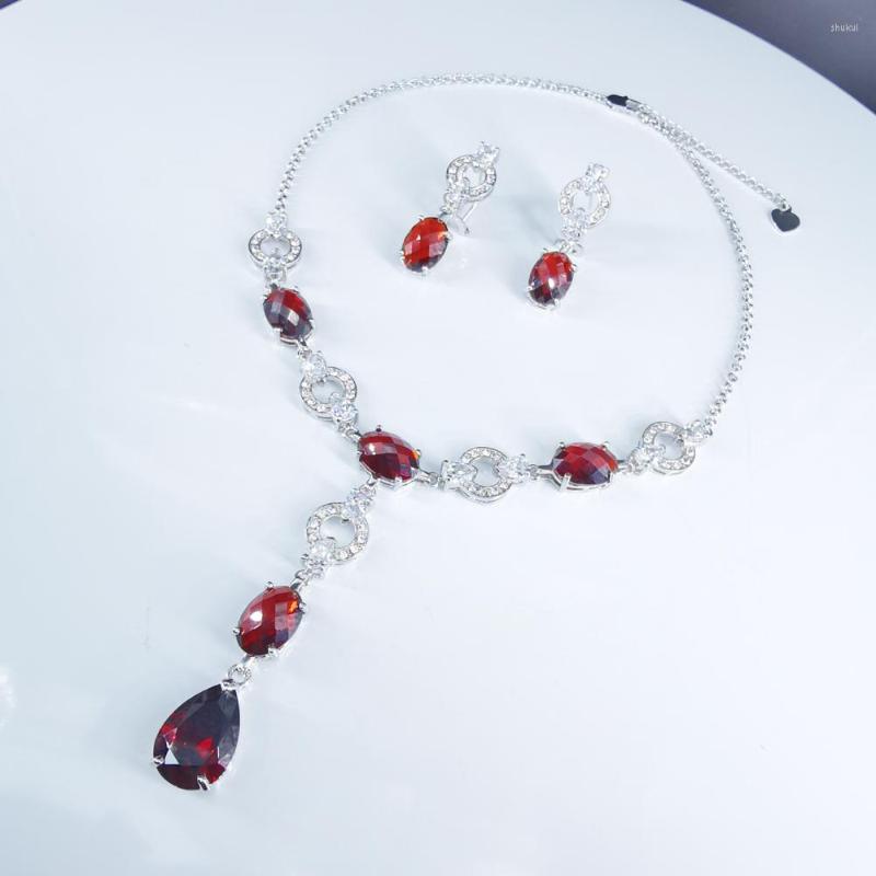 

Necklace Earrings Set 2022 Fashion Vintage Red Oval CZ Zircon Women Wedding Bride Banquent Dresssing Jewelry, Picture shown