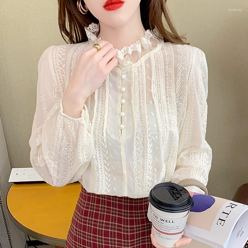 

Women' Blouses Transparent Hollow Woman Tops Korea Ruffle Embroidered Lace Long Sleeve Elegant Stand Collar Blusas De Mujer Button Up 807B, Apricot