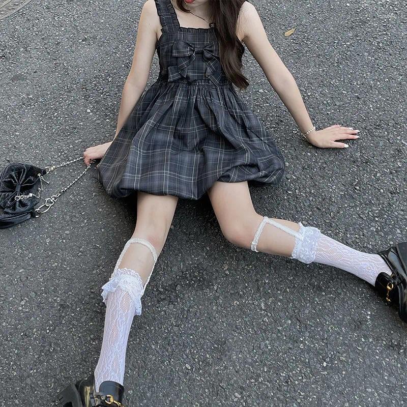 

Casual Dresses Japan Style Kawaii Strap Dress Women Bowknot Soft Sexy Backless Plaid Lolita Summer Sweet Princess Party 2022