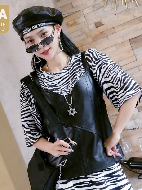 

Women's Vests Sheepskin Genuine Leather Vest Women Straps Tops Ladies Casual Waistcoat Streetwear Sleeveless Outerwear Designer, Black